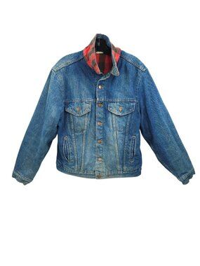 Steel Denim Trucker Jacket Mens L Vtg 70s Plaid Flannel Lined Blue Jean Coat USA